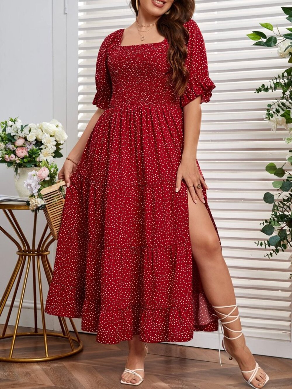 SHEIN VCAY Burgundy Polka Dot Puff Sleeve Slit Maxi Dress 2XL
